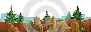 Coniferous trees and fir trees on edge. Mountain range of stones and cliffs. Picture horizontally seamless. Object