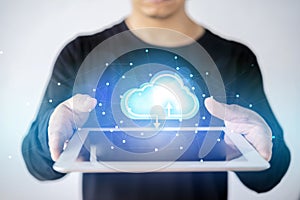 Connect devices to cloud. Businessman or information technologist with cloud computing icon