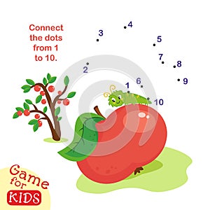 Connect dots from 1 to 10. Educational game. Butterfly on apple. Activity page for kids. Vector illustration.