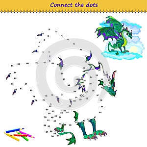 Connect the dots from 1 to 100 and draw the dragon. Trace the line between numbers. Coloring book for kids. Develop counting