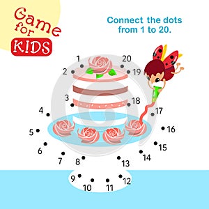 Connect dots from 1 to 20. Educational game. Activity page for kids. Vector illustration. Cake with roses on plate.