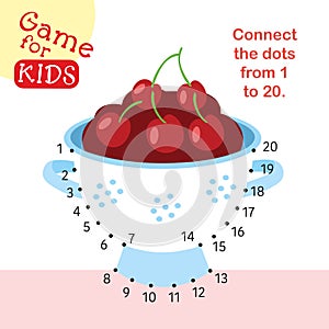 Connect dots from 1 to 20. Educational game. Activity page for kids. Vector illustration. Cherry berries in colander.