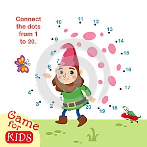 Connect dots from 1 to 20. Educational game. Gnome with mushroom. Activity page for kids. Vector illustration.