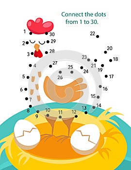 Connect dots from 1 to 30. Educational puzzle game. Math and numbers. Cute chicken in nest with eggs. Activity page for