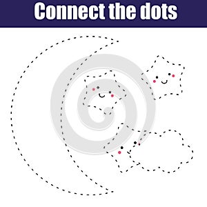 Connect the dots children educational game. Printable activity worksheet. Night moon and cute stars photo