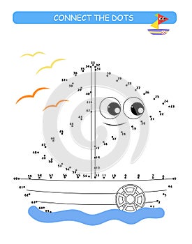 Connect the dots and color. Cute boat. Cartoon vector Illustration of educational game.