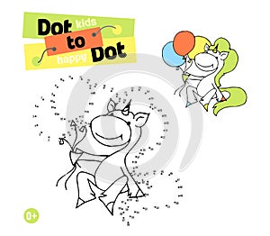 Connect the dots and color. Cute unicorn. Cartoon of educational game.