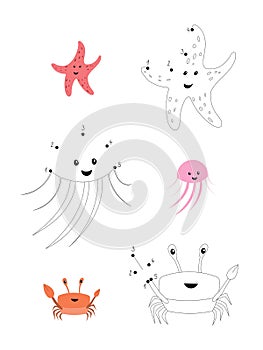 Connect The Dots and Draw Cute Cartoon sea animals. Educational Game for Kids. Vector Illustration With Cartoon Animal