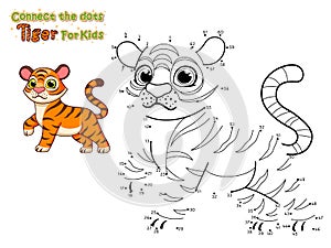 Connect the dots and draw cute cartoon Tiger. Crafts and worksheets for kid. Vector Illustration