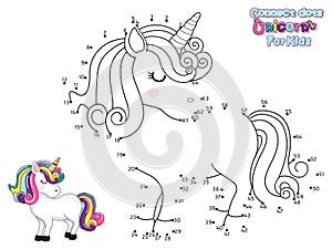 Connect The Dots and Draw Cute Cartoon Unicorn. Educational Game for Kids. Vector Illustration With Cartoon Animal Characters photo