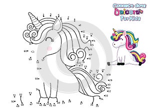 Connect The Dots and Draw Cute Cartoon Unicorn. Educational Game for Kids. Vector Illustration With Cartoon Animal Characters