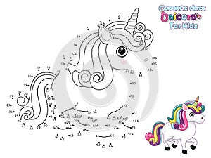 Connect The Dots and Draw Cute Cartoon Unicorn. Educational Game for Kids. Vector Illustration With Cartoon Animal Characters