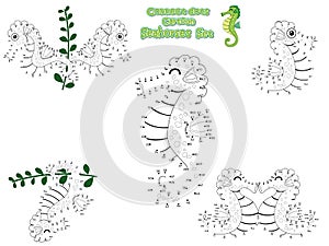 Connect The Dots and Draw Cute Seahorses Cartoon Set. Educational Game for Kids. Vector Illustration Happy Animal