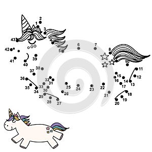 Connect the dots and draw a cute unicorn. Numbers game for children