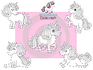 Connect The Dots and Draw Cute Unicorns Cartoon Set. Educational Game for Kids. Vector Illustration Happy Animal