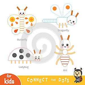 Connect the dots, education game for children. Set of insects