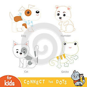Connect the dots, education game for children. Set of pets