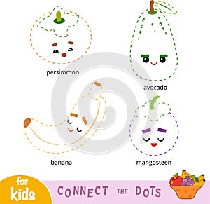 Connect the dots, game for children. Set of cartoon fruits