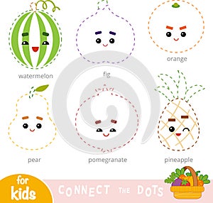 Connect the dots, game for children. Set of cartoon fruits photo
