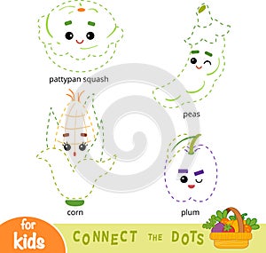 Connect the dots, game for children. Set of cartoon fruits and vegetables