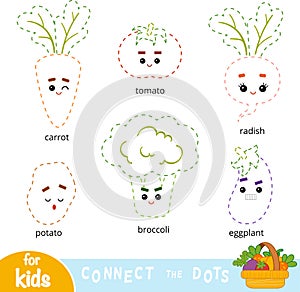 Connect the dots, game for children. Set of cartoon vegetables
