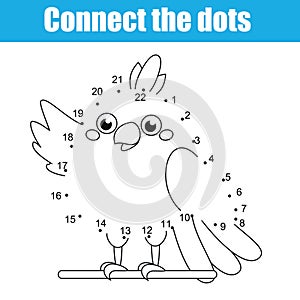 Connect the dots by numbers children educational game. Animals theme, cartoon parrot