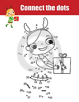 Connect the dots by numbers children educational game. Christmas, New Year theme, cute little girl with gift