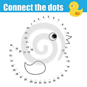 Connect the dots by numbers children educational game. Printable worksheet activity. Animals theme, baby bath duck toy