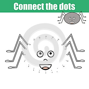 Connect the dots by numbers children educational game. Printable worksheet activity. Animals theme, spider