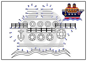 Connect the dots by numbers. children`s coloring book. picture. ship at sea.