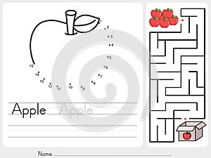 Connect dots and Pick apple box maze game - worksheet for education photo
