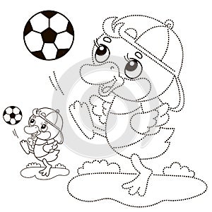 Connect the dots picture. Puzzle for kids. Coloring Page Outline Of cartoon duck or duckling with soccer ball. Football. Sport.