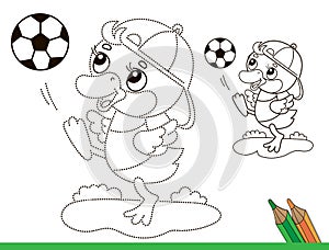 Connect the dots picture. Puzzle for kids. Coloring Page Outline Of cartoon duck or duckling with soccer ball. Football. Sport.