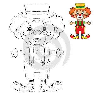 Connect the dots picture. Tracing worksheet. Puzzle for kids. Coloring Page Outline Of cartoon circus clown. Coloring book for chi