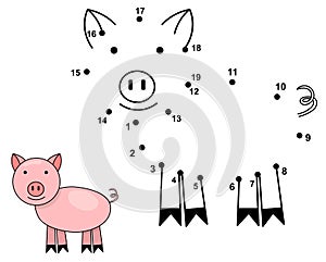 Connect the dots to draw the cute pig. Educational numbers game photo