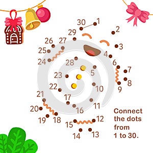 Connect dots from 1 to 30. Educational game. Christmas gingerbread man. Activity page for kids. Vector illustration.