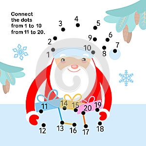 Connect the dots from 1 to 20. Educational game. Cute Santa Claus with gifts. Activity page for kids. Vector