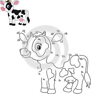 Connect the number to draw the animal educational game for children, Cute little cow