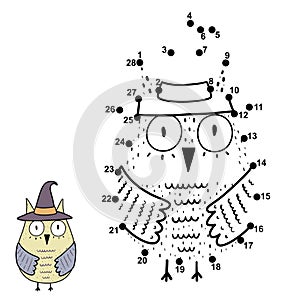 Connect the numbers and draw a funny owl in the witch hat photo