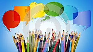 Connect and share social networks. Speech bubble. Colored pencils funny faces of people smiling. Dialogue and communication group photo