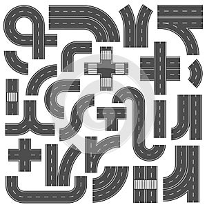 Connectable highway road elements. Crossroads, footpath and speedway junction mark. Asphalt street roads with marking vector set