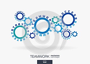 Connected cogwheels concept. Teamwork success, strategy plan, research words. Integrated gears, text. Business team work