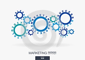 Connected cogwheels, digital marketing system, sales, success words. Social media network, business, develop concept.