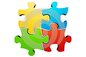 Connected colorful jigsaw puzzle parts or pieces isolated on a white background. Teamwork, team building, solidarity, synergy,