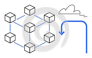 Blockchain Network with Cloud Integration and Data Flow Arrow Concept