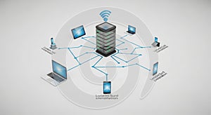 Connected devices and server hub representing networked technology and data flow