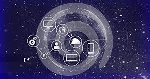 Connected digital network icons with image over globe and binary code background