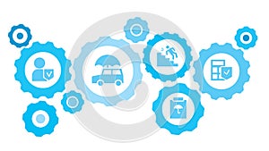 Connected gears and icons for logistic, service, shipping, distribution, transport, market, communicate concepts. Calk, calculator