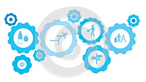 Connected gears and vector icons for logistic, service, shipping, distribution, transport, market, communicate concepts