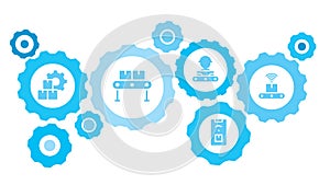 Connected gears and vector icons for logistic, service, shipping, distribution, transport, market, communicate concepts. Mass,